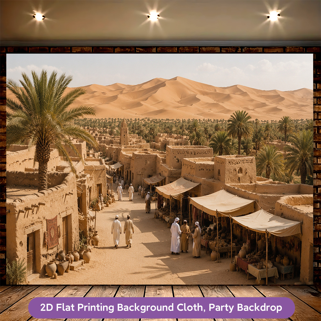 People Trading in Desert Market Polyester Banner Decor