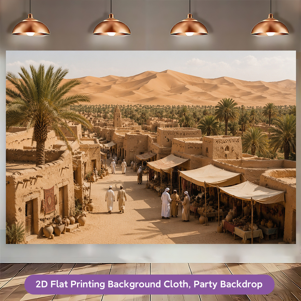People Trading in Desert Market Polyester Banner Decor