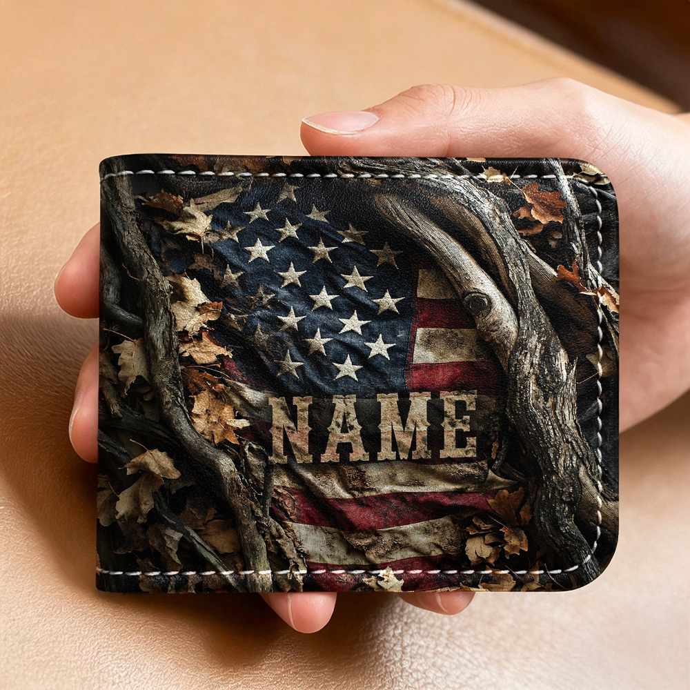TEMU Customized American Flag Designed Wallet, Multifunctional Pu Purse With Card Holders And Id/photo Window, Trendy Personalized Custom Name/text