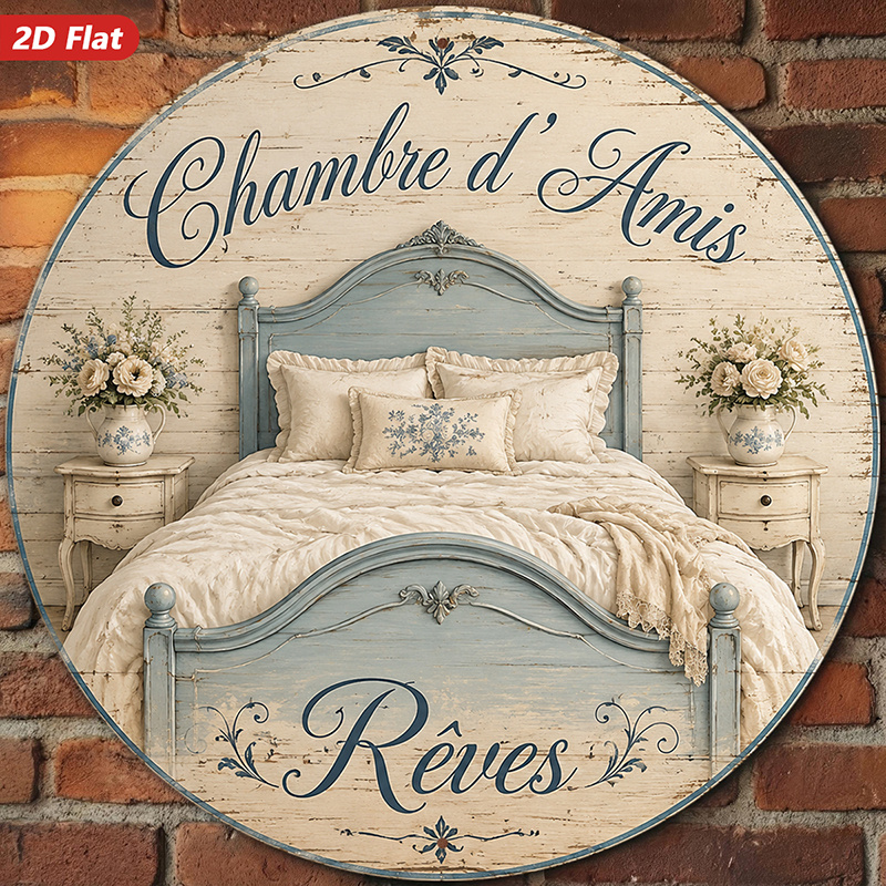 TEMU Décoration Murale Ronde en Bois de Chambre de Style Français, 1 pièce, Plat 2D, avec "Chambre " et Accents de Police de Style "", Lit Vintage