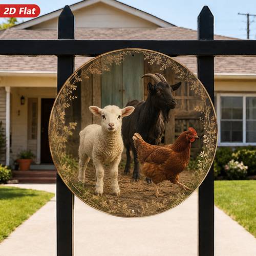 öğe resmi 2d düz, 1 adet çiftlik hayvanı üçlüsü yuvarlak metal duvar tabelası, köşe ofis yemek odası i̇çin i̇deal, keçi tavuk, ev dekoru, ahır sahnesi, yumuşak toprak tonları, vintage kır tarzı, i̇ç ve dış mekan dekoru i̇çin hava koşullarına dayanıklı, dayanıklı, 2d düz