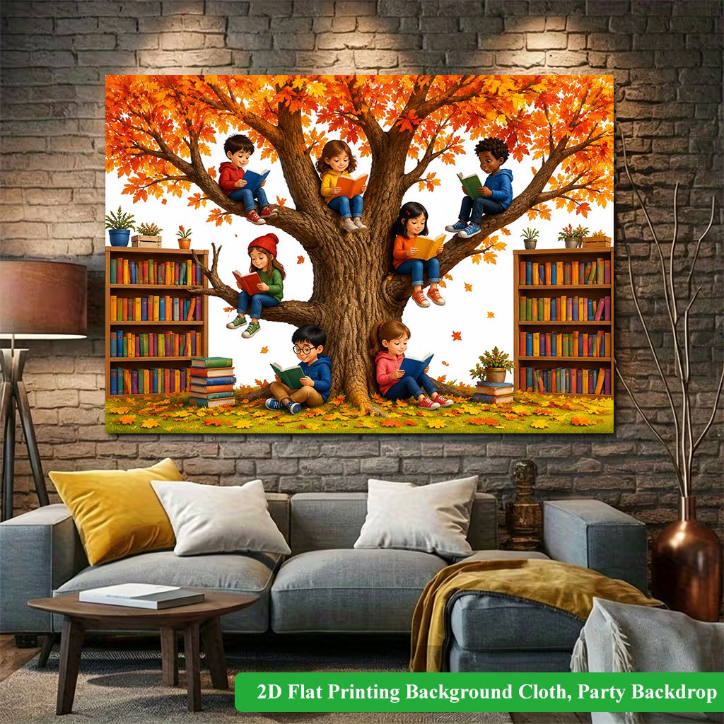 Children Reading Under Autumn Tree Background Banner