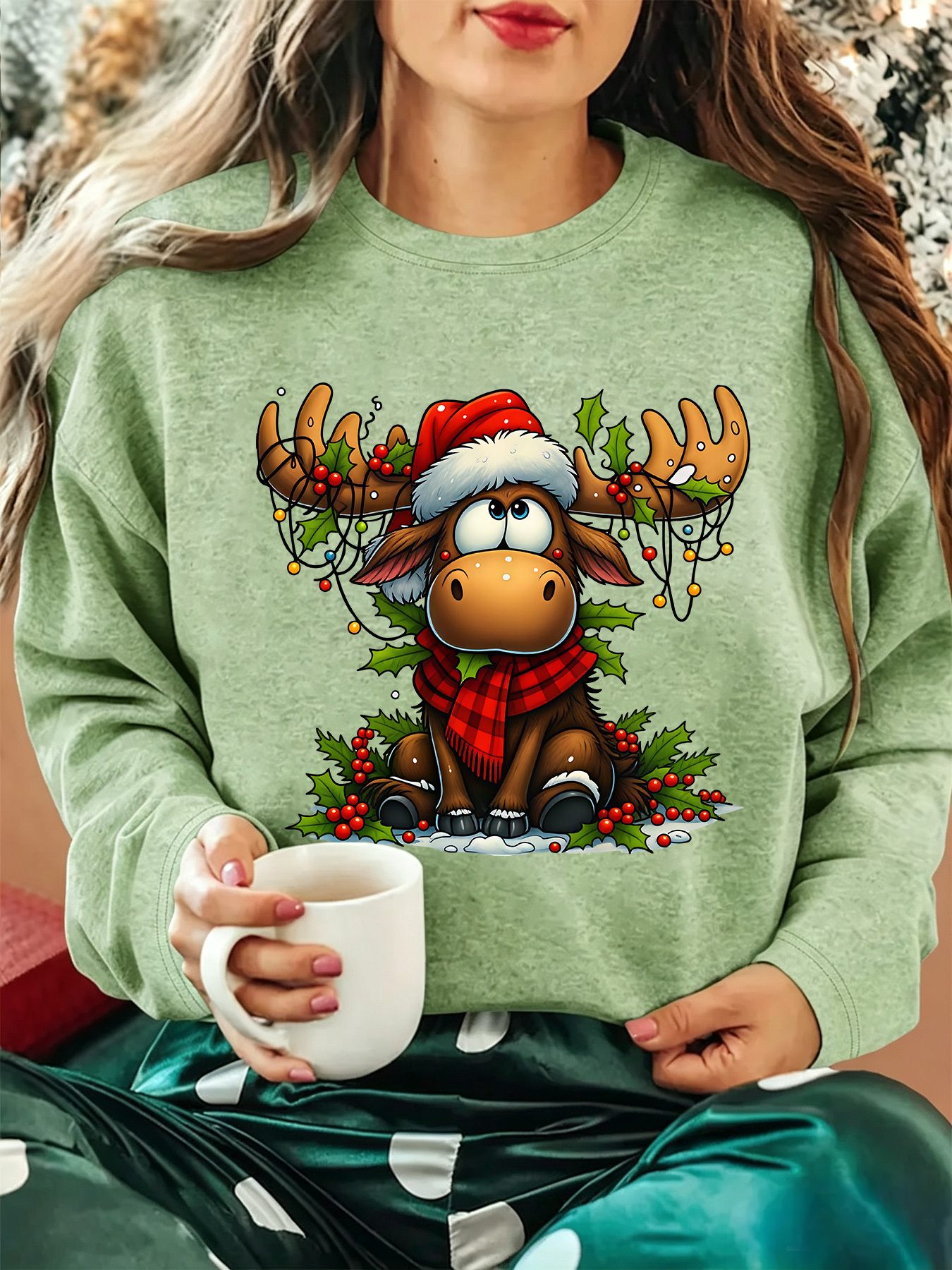 item picture christmas holiday clothing womens new   scarf reindeer string lights holly printed round neck loose long sleeve t shirt autumn   holiday gift party wear comfortable non tight athletic casual top