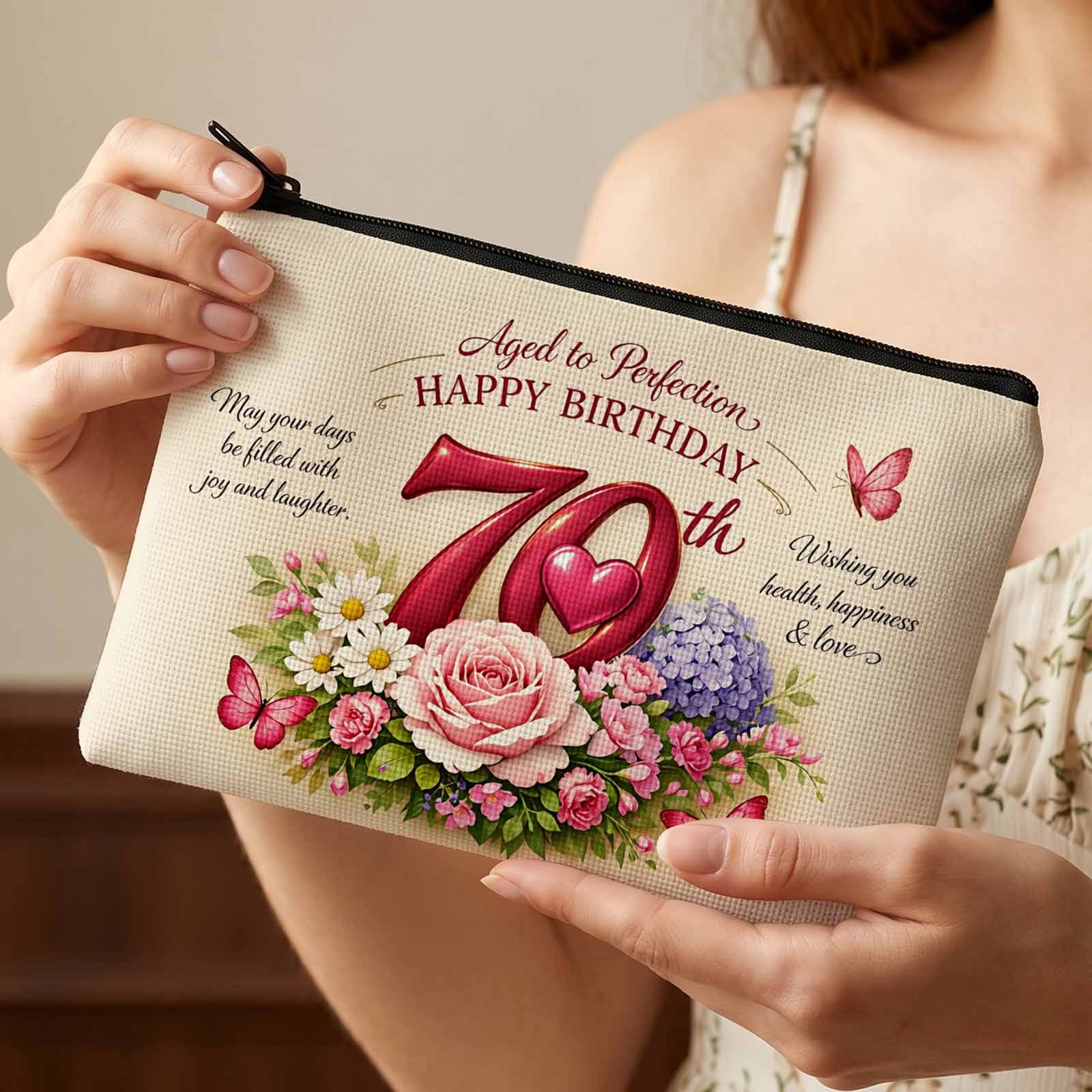 TEMU 2d Flat Printing Makeup Bag, Celebrating 70th Birthday With Floral For Women's Gift And Travel Use