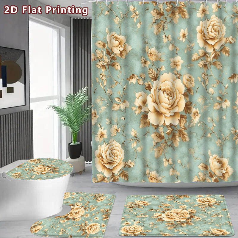 set   da doccia 2d piatta con 4 pezzi di rose beige, decorazione per bagno con rose beige e  , accessori con tappetino da bagno, tappetino a forma di u, copriwater,   da doccia con ganci inclusi,  , accessori per  , 2d piatto