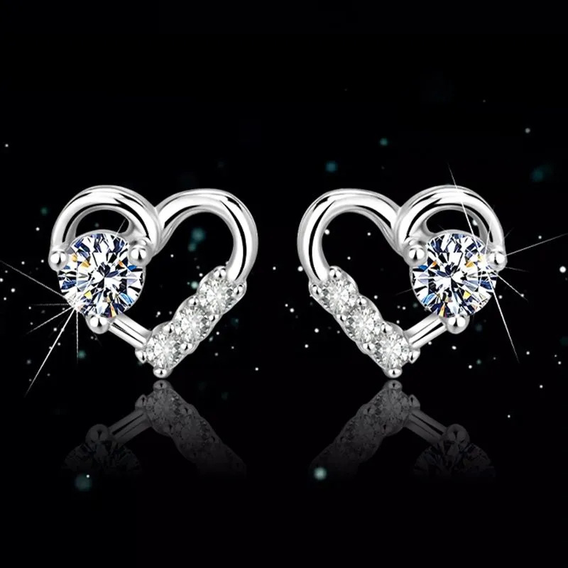 Women's S925 Sterling Silver Hollow-Out Heart Zircon Stud Earrings