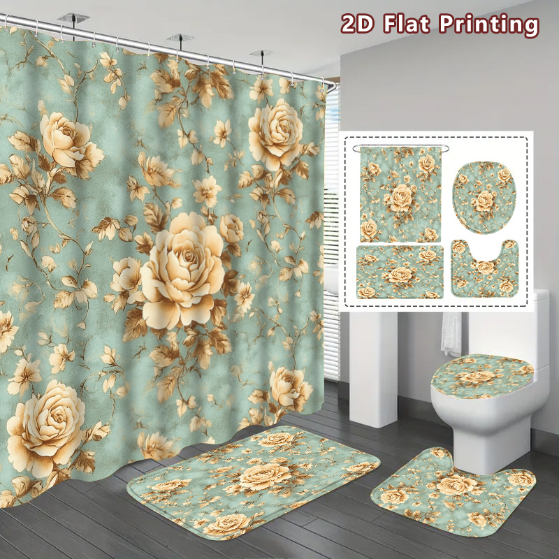 set   da doccia 2d piatta con 4 pezzi di rose beige, decorazione per bagno con rose beige e  , accessori con tappetino da bagno, tappetino a forma di u, copriwater,   da doccia con ganci inclusi,  , accessori per  , 2d piatto