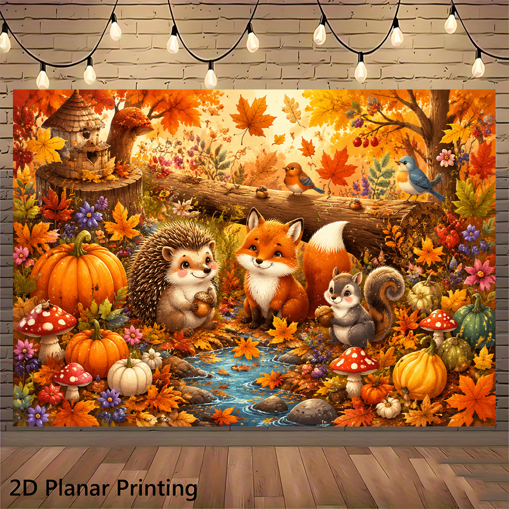 TEMU 2d Flat, 2d Flat Banner 1pc, Autumn Animals Forest Play, Reusable Decorative Backdrop For Indoor And Outdoor Patios Perfect For Parties,
