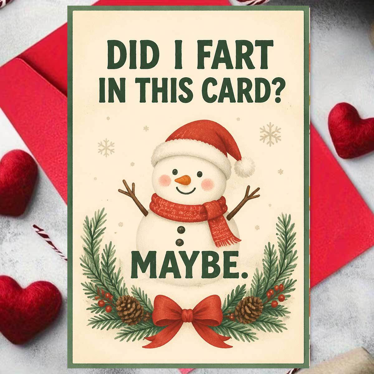 TEMU 1pc Greeting Card And 1pc Envelope. 2d Flat 1pc Humorous Snowman Christmas Card, Cute Snowman Wearing Red Hat And Scarf, Decorated With Pine