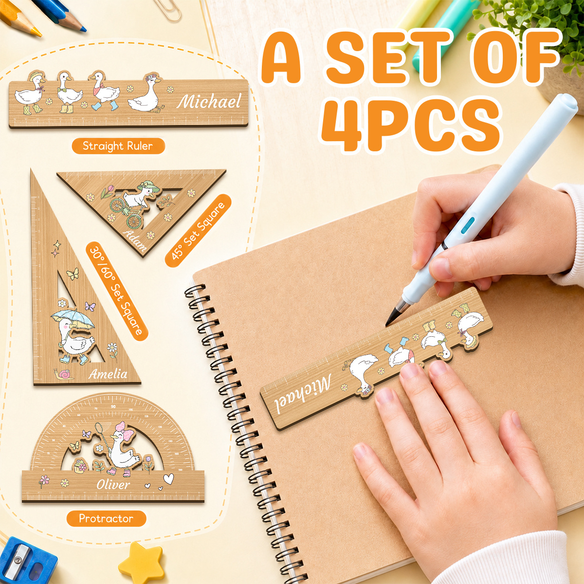 4pcs White Duck Theme Customizable Wooden Ruler Set