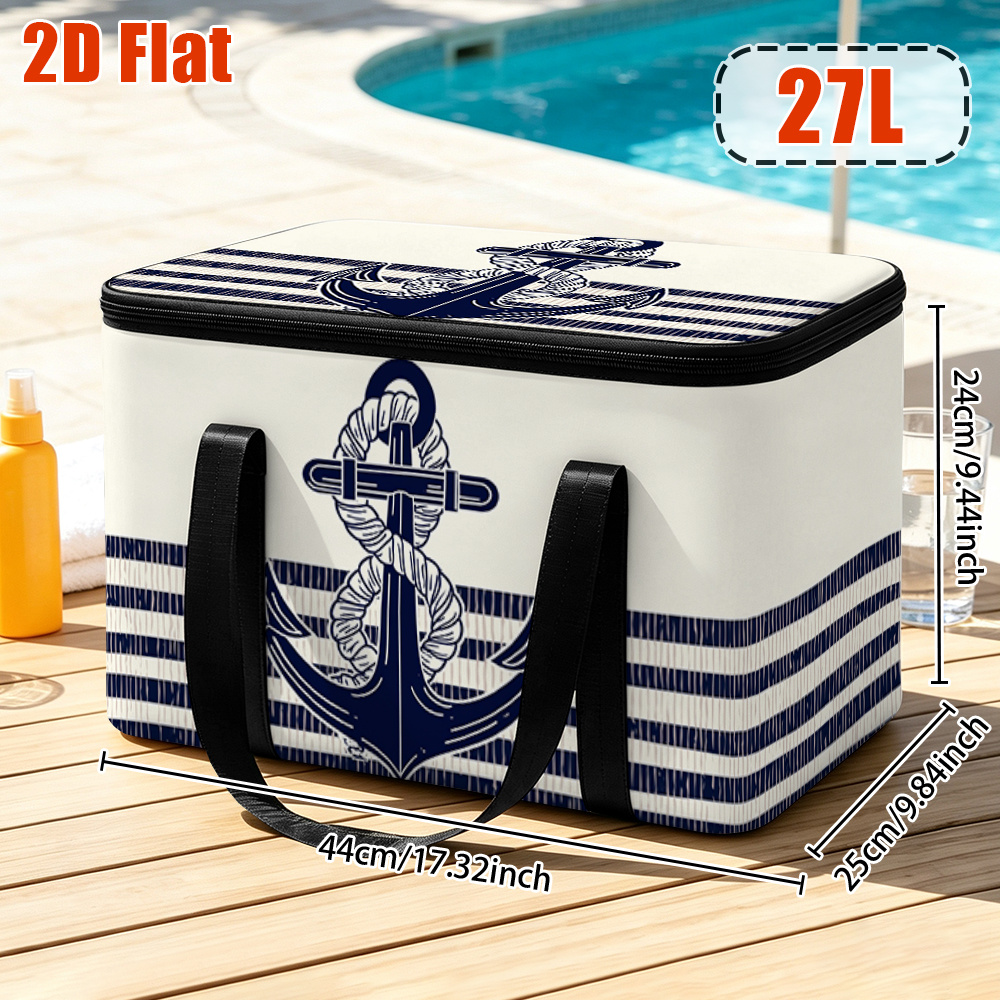TEMU Sac Isotherme Pliable 2D Plat Élégant à Rayures Corde d' Bleu Marine Imprimées, Cabas Thermique pour Sortie et Voyage de Camping - Ne pas mettre