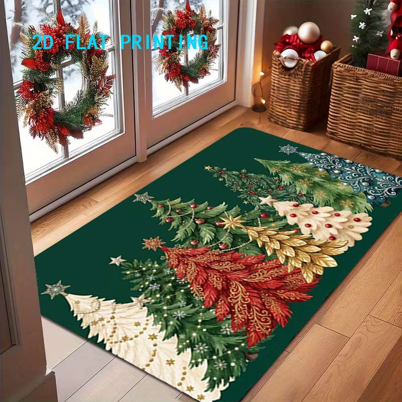 TEMU 1pc, 2d Flat Printing, Vintage-style Christmas Tree Print Entrance Door Mat, Festive Atmosphere Foyer Mat, Non-slip Machine Washable