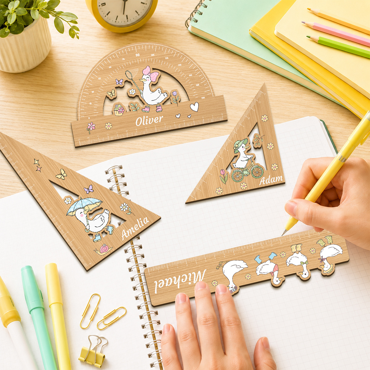 4pcs White Duck Theme Customizable Wooden Ruler Set