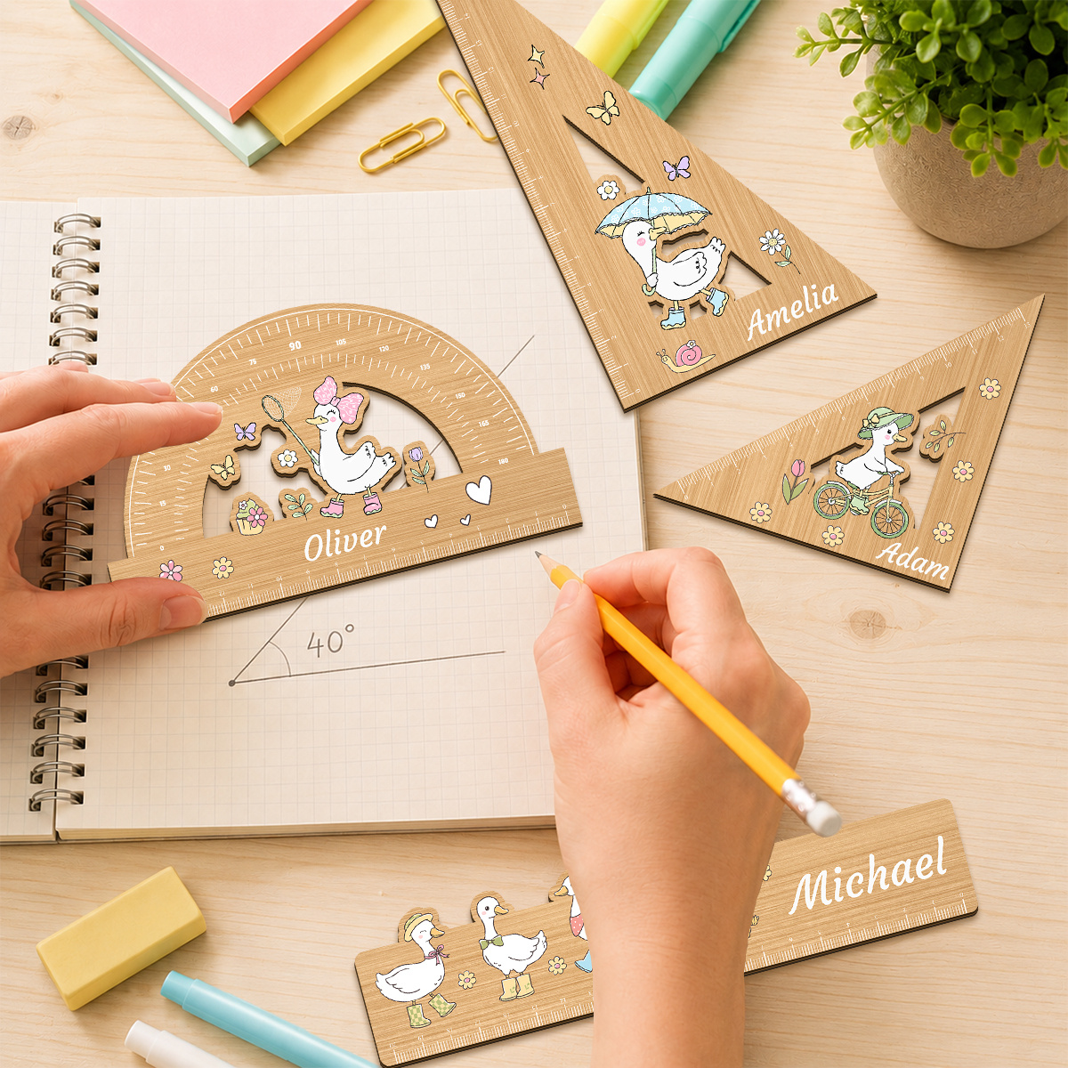 4pcs White Duck Theme Customizable Wooden Ruler Set