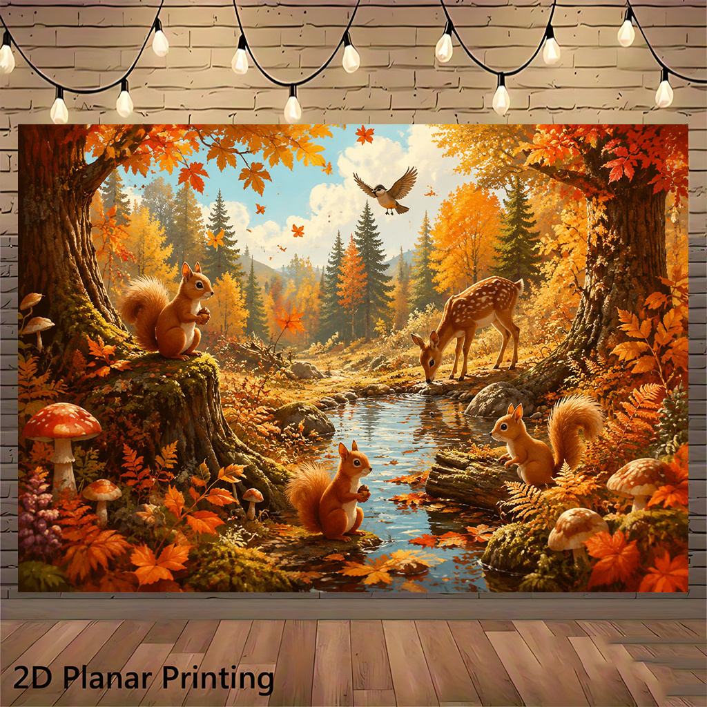 TEMU Bannière 2D Plate, 2D Plate - 2D Plate, 2D Plate - 2D Plate 1pc, Animaux de d'Automne au Bord d'un Ruisseau, Toile de Fond Décorative