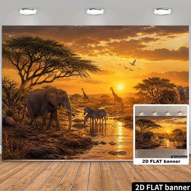 Pancarta plana 2D, 1 pieza, de atardecer en la sabana africana con diseño de jirafa y vida silvestre - Adecuada para fiestas con temática africana en interiores/exteriores, decoración - Decoración de pared duradera para el hogar, eventos, plana 2D