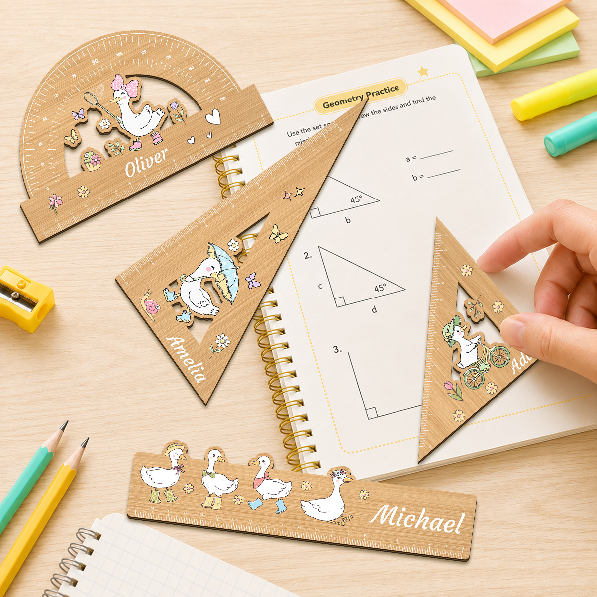 4pcs White Duck Theme Customizable Wooden Ruler Set