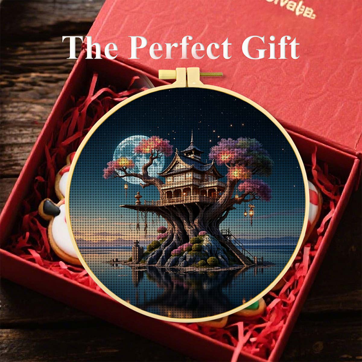 Round Cross Stitch Printed Kit with Hoop, Moonlit Enormous Treehouse Pattern