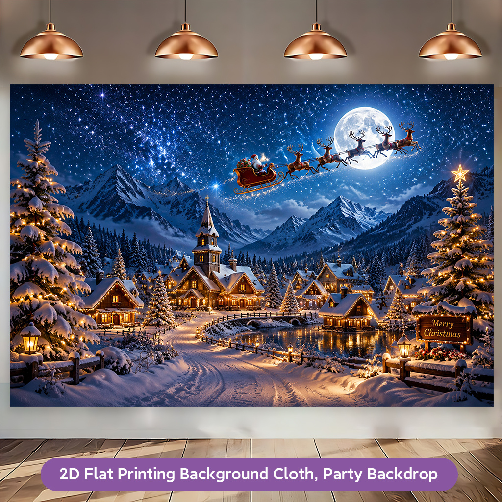 2D Flat Snowy Village on Christmas Photography Backdrop