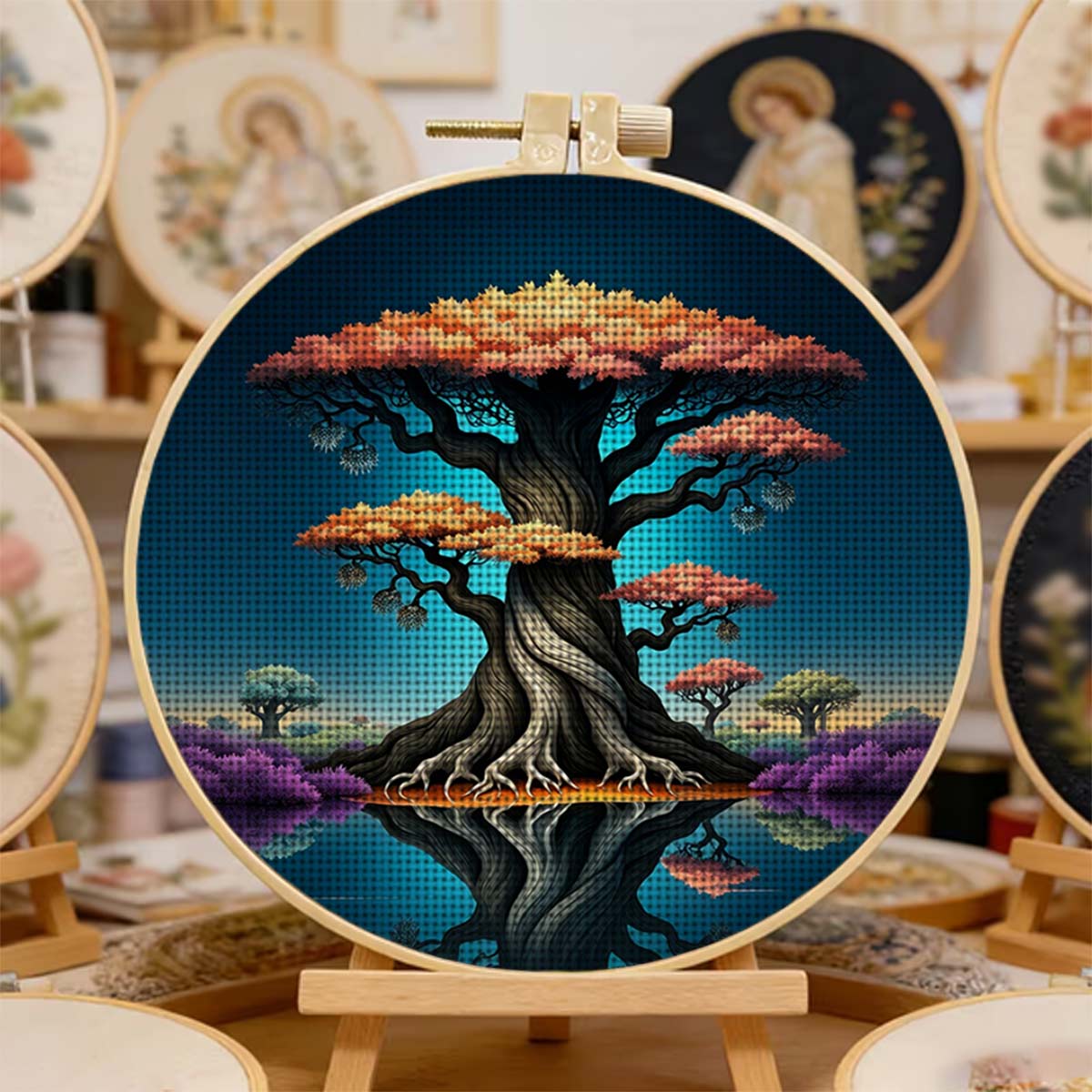 Round Cross Stitch Printed Kit with Hoop, Rainbow Tree Reflection Pattern