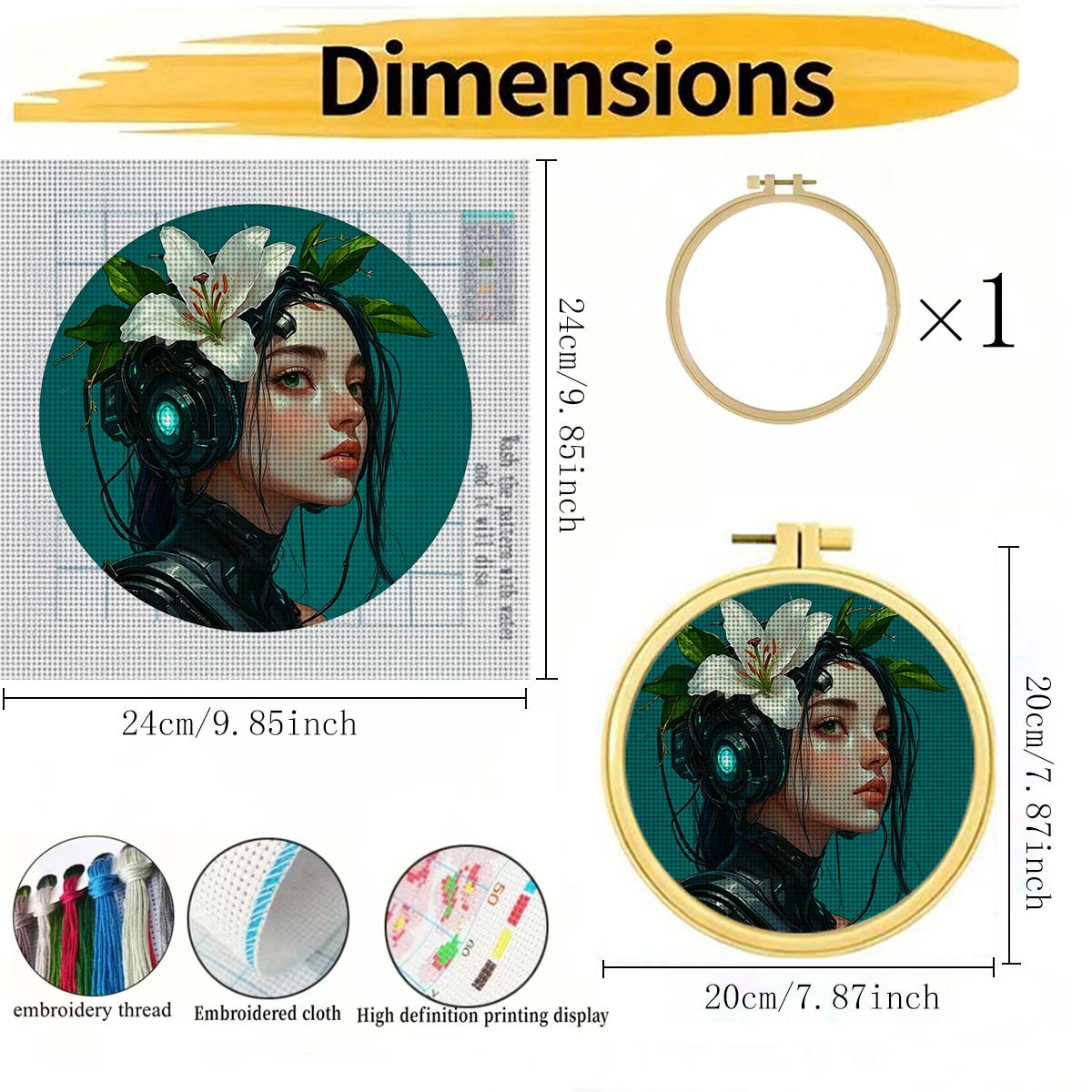 Round Cross Stitch Printed Kit with Hoop, "Lily with Tech Earphones" Pattern