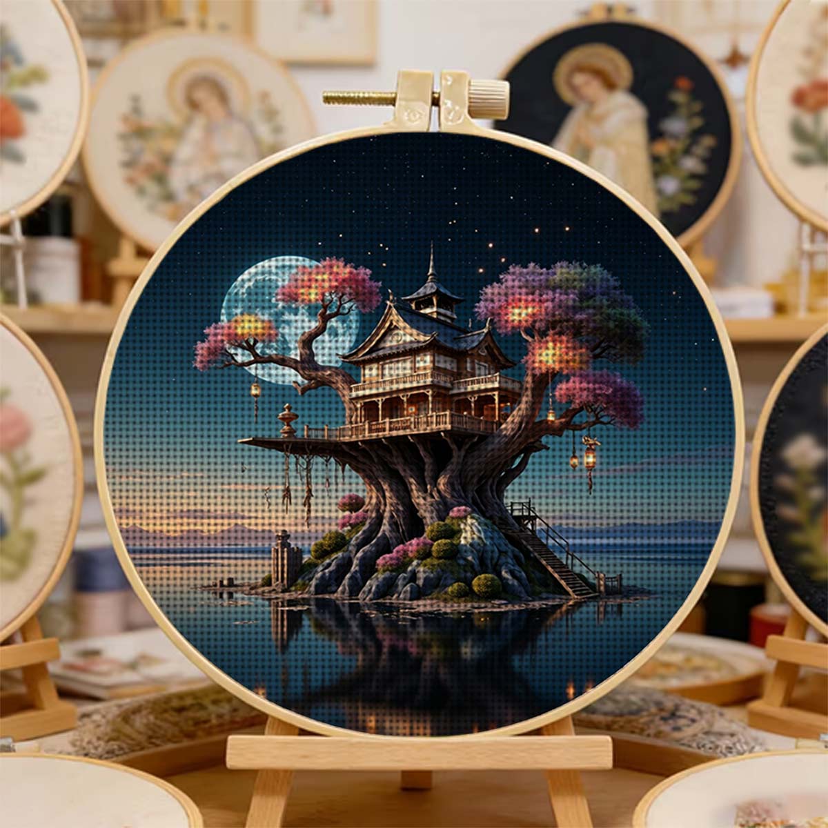 Round Cross Stitch Printed Kit with Hoop, Moonlit Enormous Treehouse Pattern