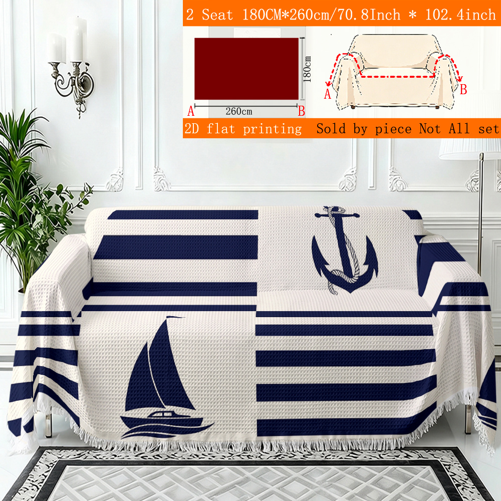 TEMU 1pc 2d Flat Printing Blue White Striped Sailboat Anchor Nautical Style Waffle Sofa Cover, Sofa Cushion Integrated Sofa Cover With Tassels, Sofa