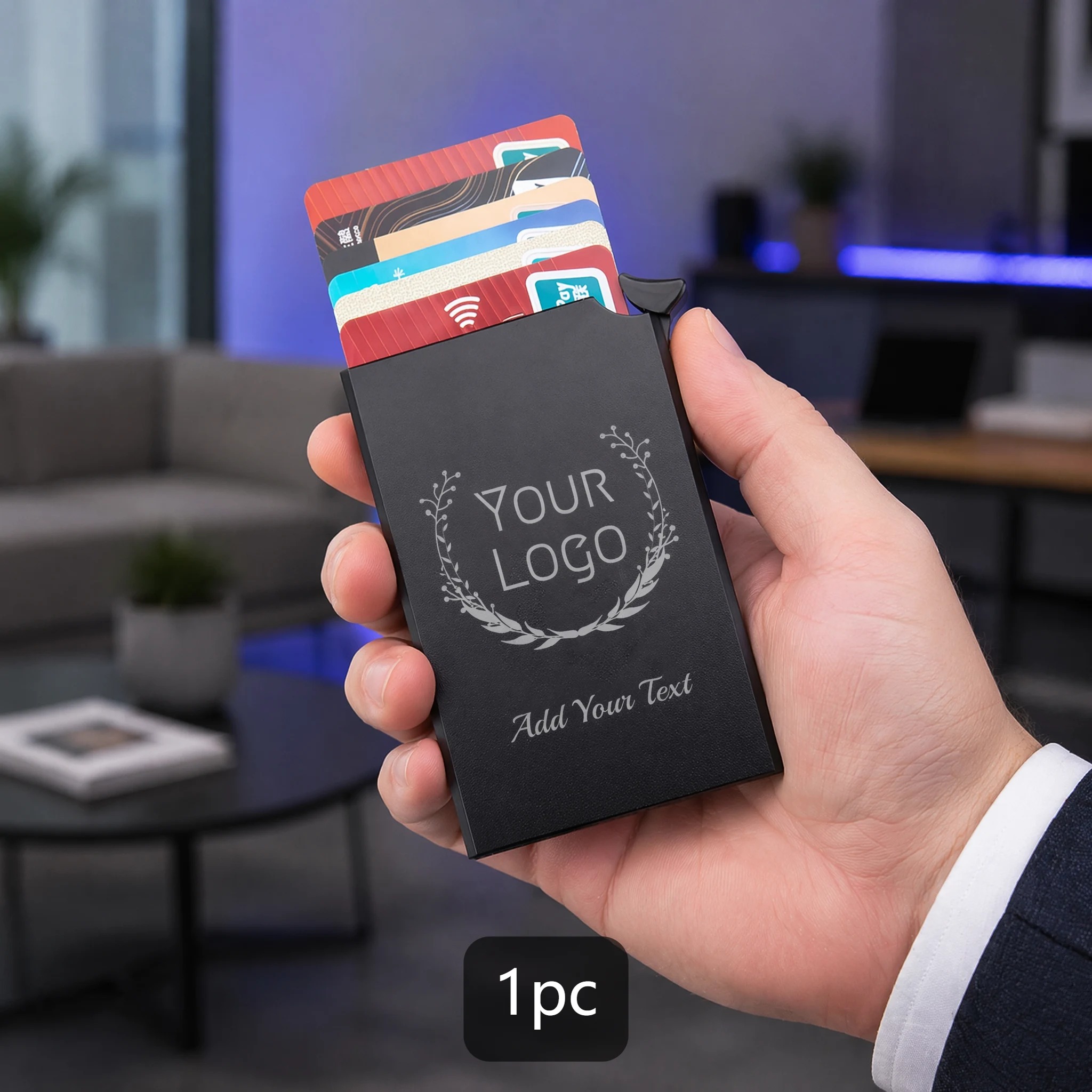 TEMU Custom Pop-up Men's Card Holder, Personalized With Photos, Text, And Logos, 6-card Slot Unisex Design, Rfid-blocking Mini Metal Card Case, Alloy