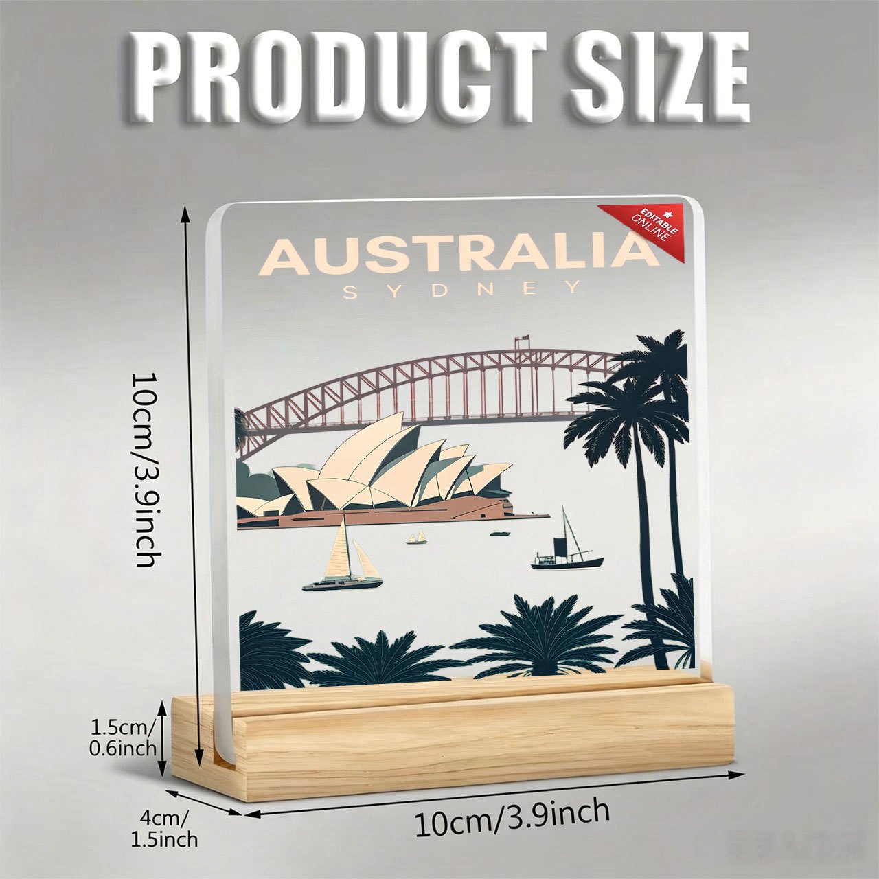 TEMU 1pc Australian Sydney Opera House And Harbor Bridge Pattern Ornament With Inspirational Slogan, Acrylic Ornament With Wooden Base, Paperweight,