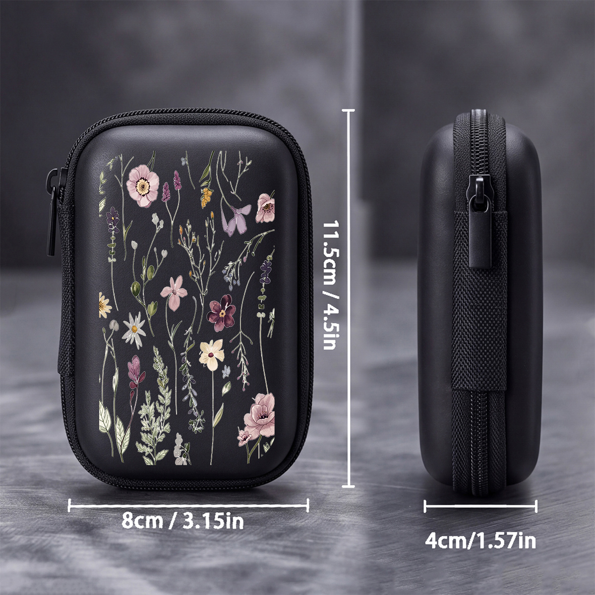 TEMU Hand-drawn Floral Print Eva Hard- 4.3-inch Compact Storage Bag - Durable Protective Travel Organizer For Electronics Additions, Headphones, Hard