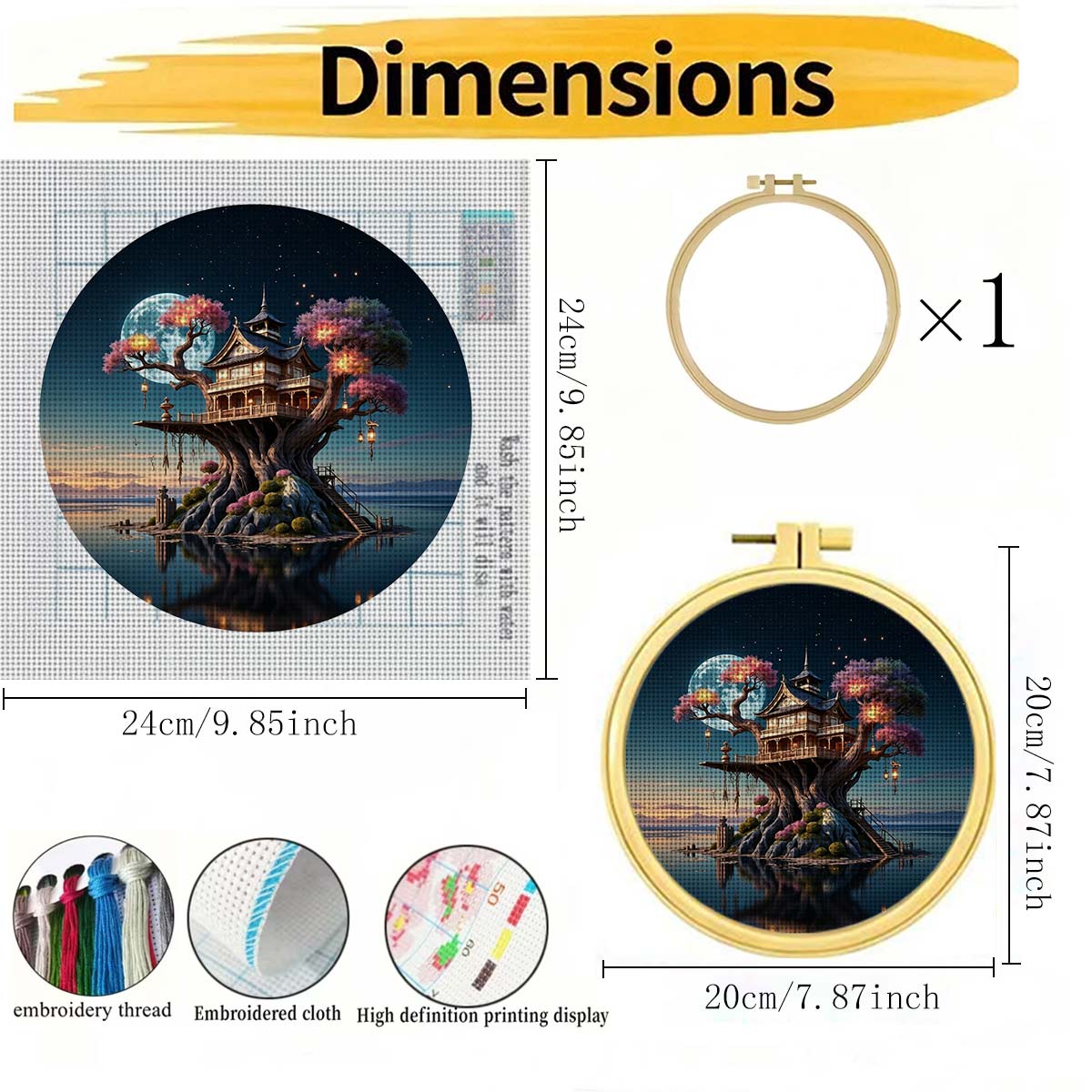 Round Cross Stitch Printed Kit with Hoop, Moonlit Enormous Treehouse Pattern
