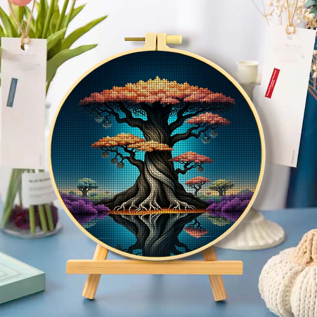 Round Cross Stitch Printed Kit with Hoop, Rainbow Tree Reflection Pattern
