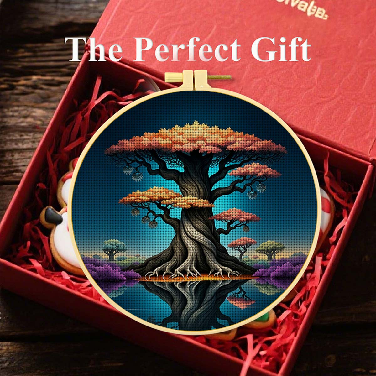 Round Cross Stitch Printed Kit with Hoop, Rainbow Tree Reflection Pattern