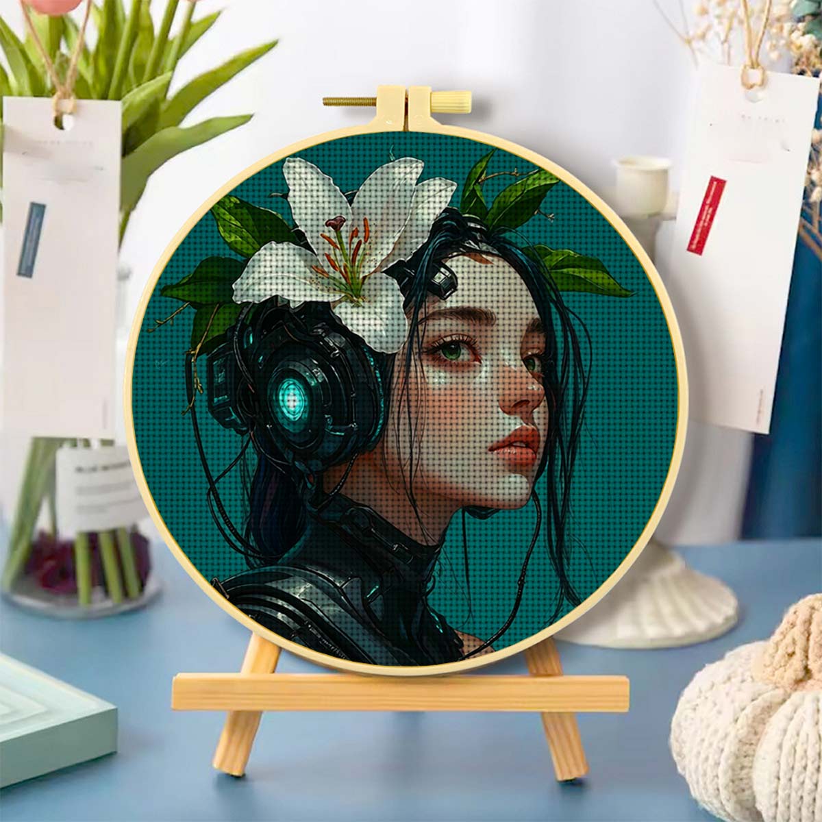 Round Cross Stitch Printed Kit with Hoop, "Lily with Tech Earphones" Pattern