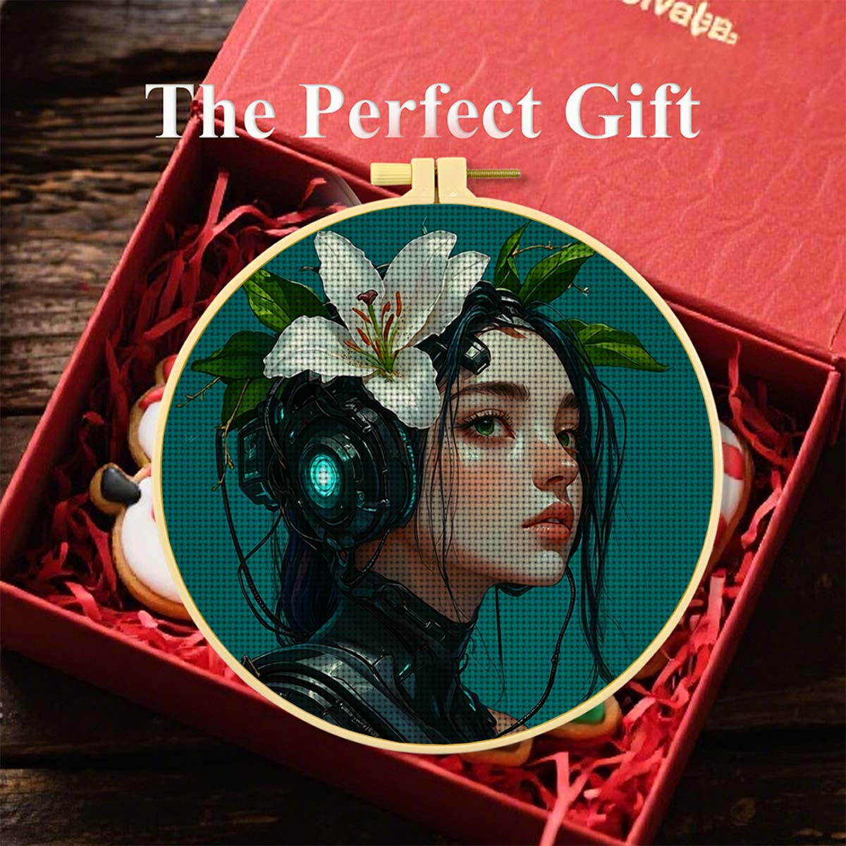 Round Cross Stitch Printed Kit with Hoop, "Lily with Tech Earphones" Pattern