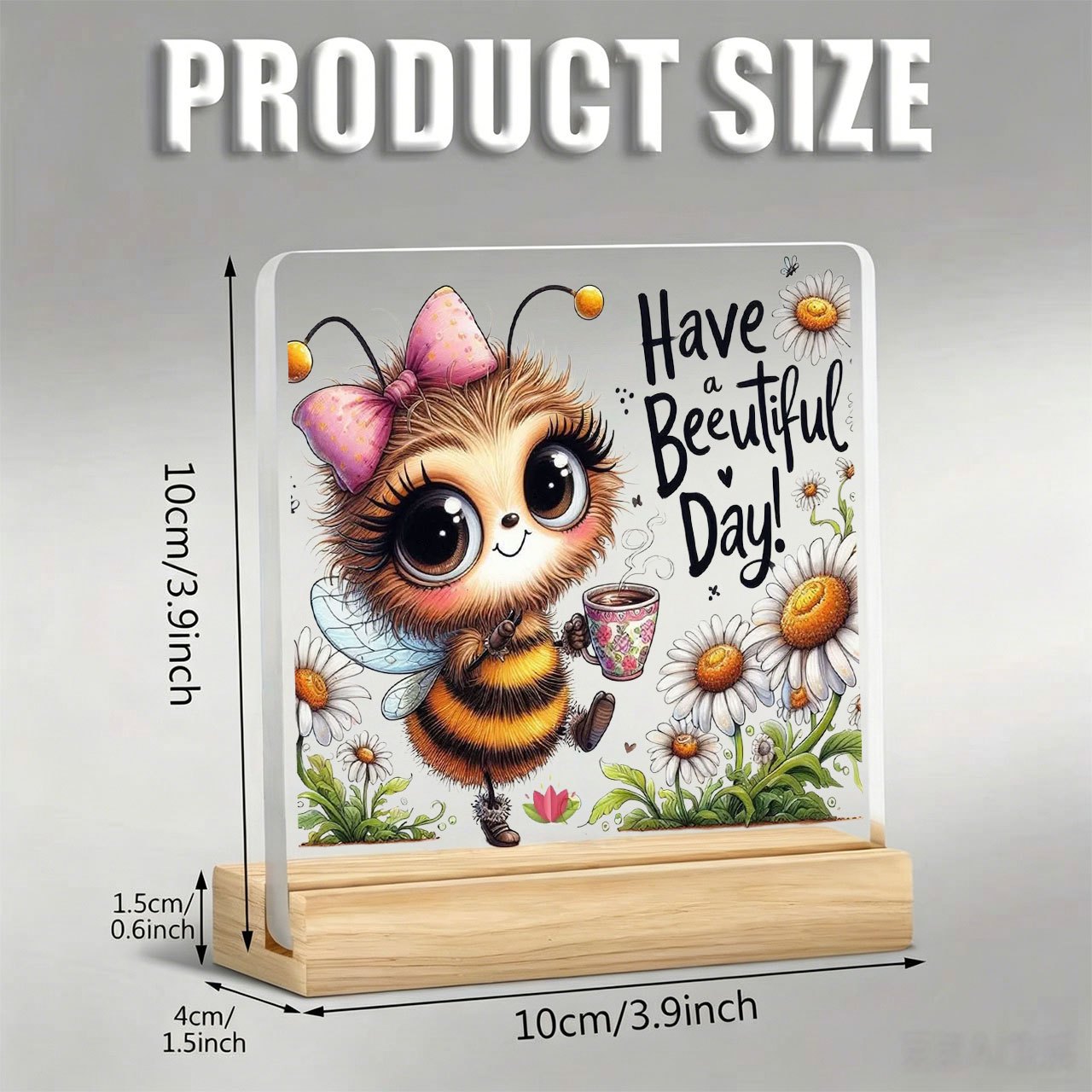 TEMU 1pc Acrylic Desktop Decorative Standee, Cartoon Bee Holding Bouquet And Teacup With "have A " Pattern Paperweight, Desktop Decoration, Suitable