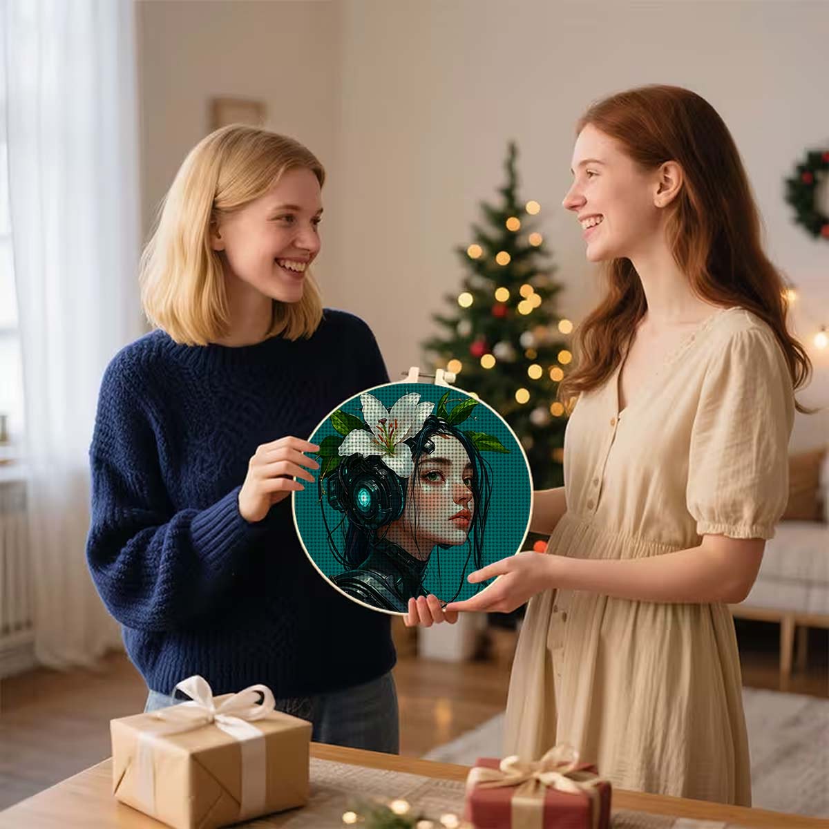 Round Cross Stitch Printed Kit with Hoop, "Lily with Tech Earphones" Pattern