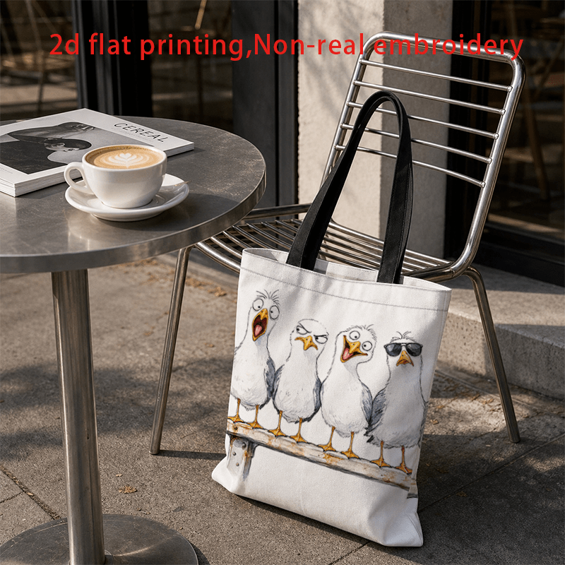TEMU 1pc, 2d Flat Printing, 4pcs Different Seagull Pattern Tote Bags, Casual Matching For Cafe , Double-sided Printing, Fashionable Bag, Tote Bag,