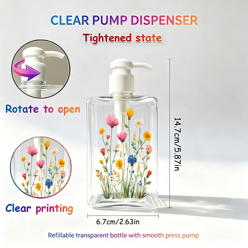 TEMU 2d Flat, 1pc, Colorful Flower Cluster Press Bottle, 280ml, Refillable Lotion Pump, Suitable For Hand Soap/shampoo/body Wash, Ideal For Home