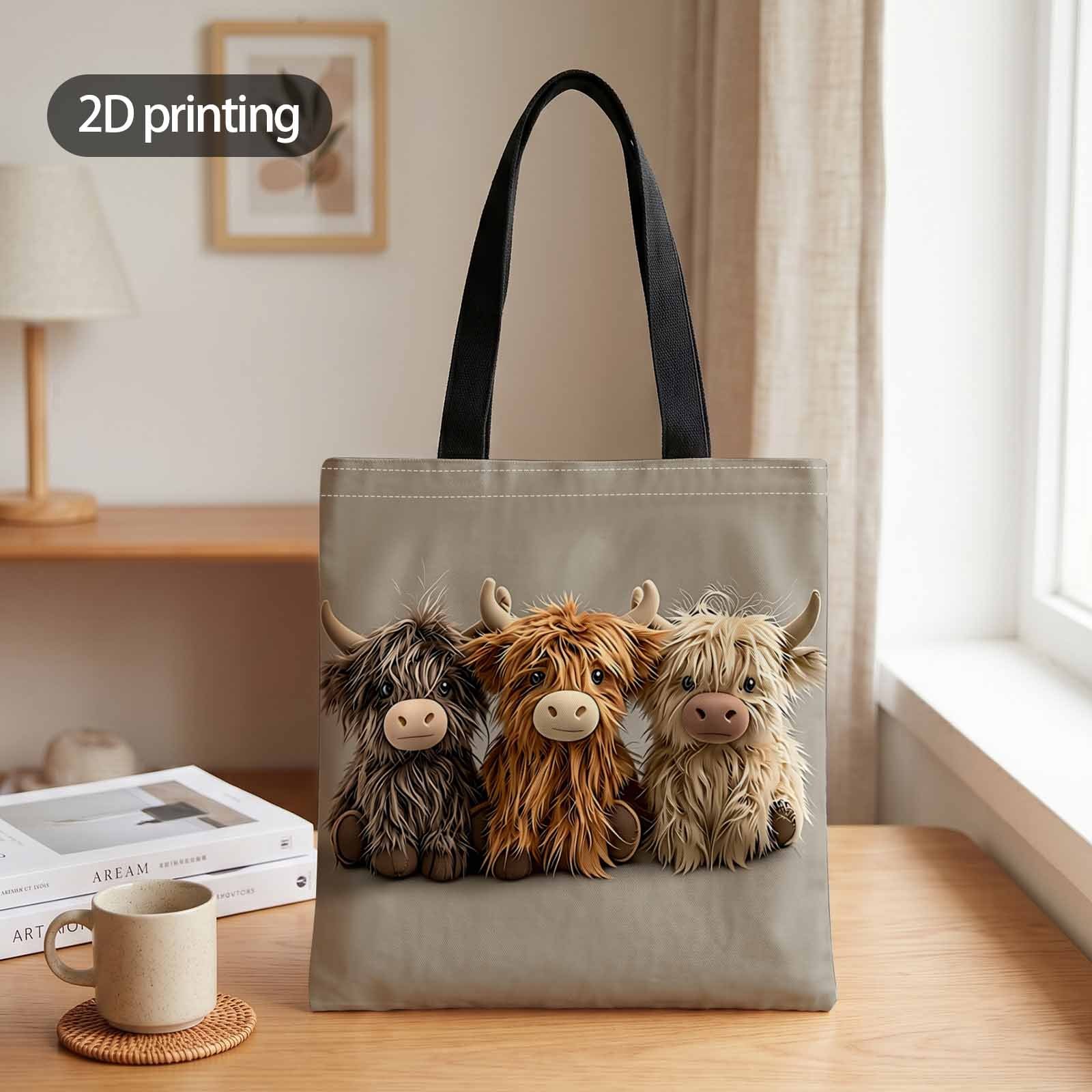 TEMU Sac 1 pièce avec impression 2D et motif de trois vaches écossaises des duveteuses assises ensemble, convient pour le shopping, , les vacances,