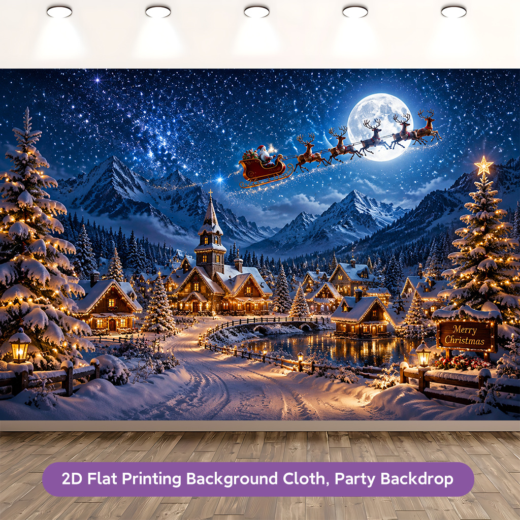 2D Flat Snowy Village on Christmas Photography Backdrop