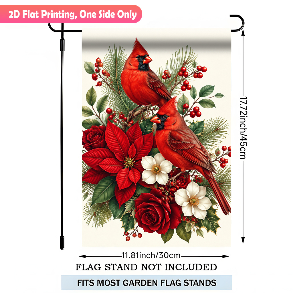 TEMU 2d Flat, 2d Flat Printing Garden Flag 1pc, Red Birds With Winter Flowers Single Sided Polyester Garden Flag, Yard Banner, For Outdoor Home,