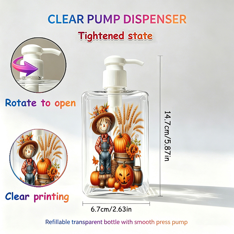 TEMU Plat 2D, 1 pièce, Bouteille à pression Épouvantail Citrouille Récolte d'Automne, 280 ml, Pompe à liquide rechargeable pour cosmétiques, Convient