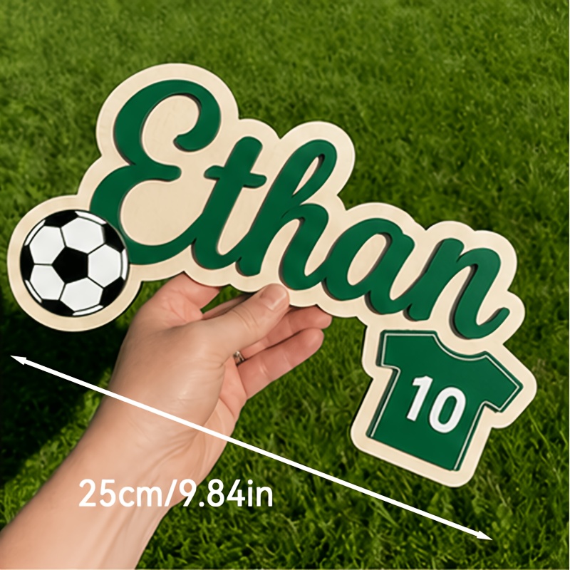TEMU 1pc 25cm/9.84inch Personalized Room Nameplate, Custom Wooden Wall Decor Soccer Name Sign With Jersey Number Plate, Blue Red Green Orange Yellow