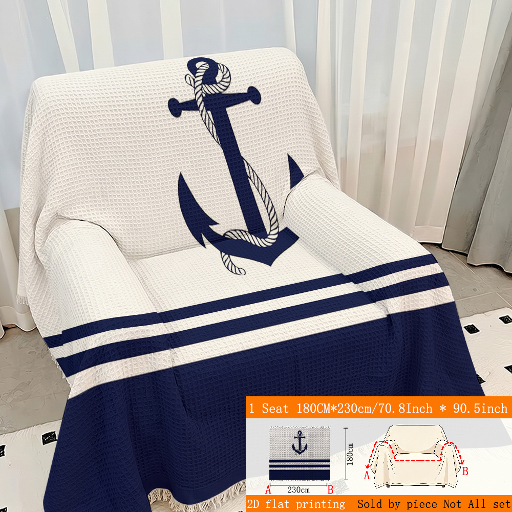 TEMU 1pc 2d Flat Printing Nautical Anchor Pattern Waffle Sofa Towel, Sofa Pad -one Sofa Cover With Tassels, Sofa Protector, Suitable For 1-4