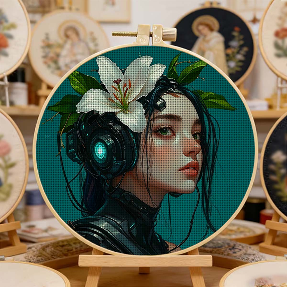 Round Cross Stitch Printed Kit with Hoop, "Lily with Tech Earphones" Pattern