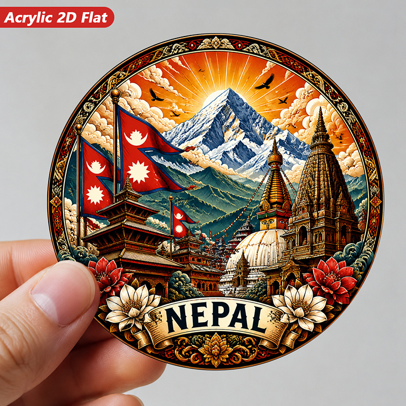 TEMU 2d Flat, 1pc Cultural Art Acrylic Round Magnetic Fridge Magnet, Script, Mountain , Temple Spires, Nepal, Lotus, Kitchen Decor, Ornate Round
