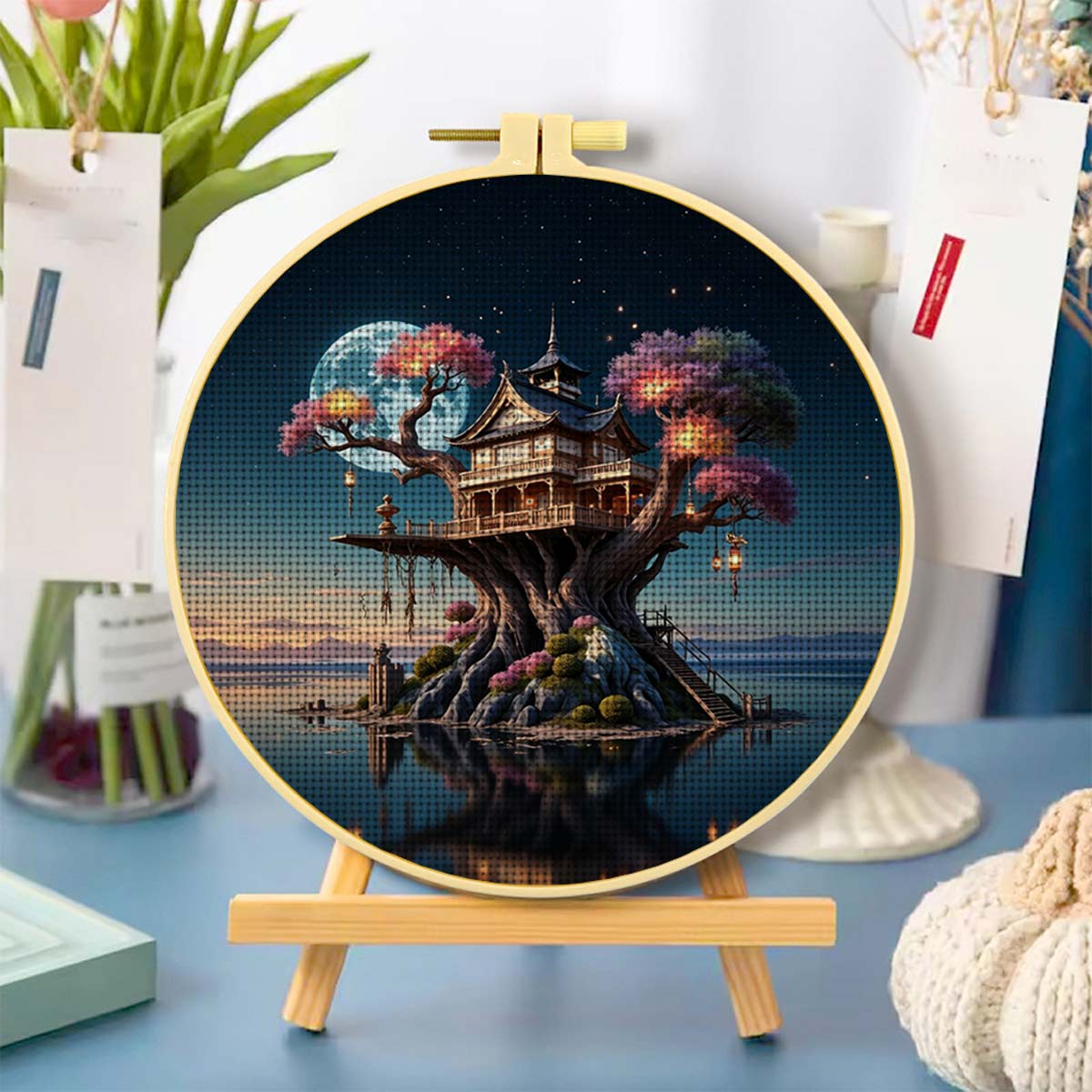 Round Cross Stitch Printed Kit with Hoop, Moonlit Enormous Treehouse Pattern