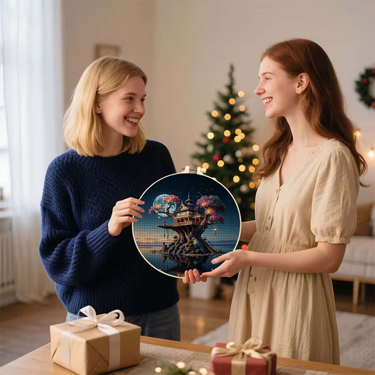 Round Cross Stitch Printed Kit with Hoop, Moonlit Enormous Treehouse Pattern