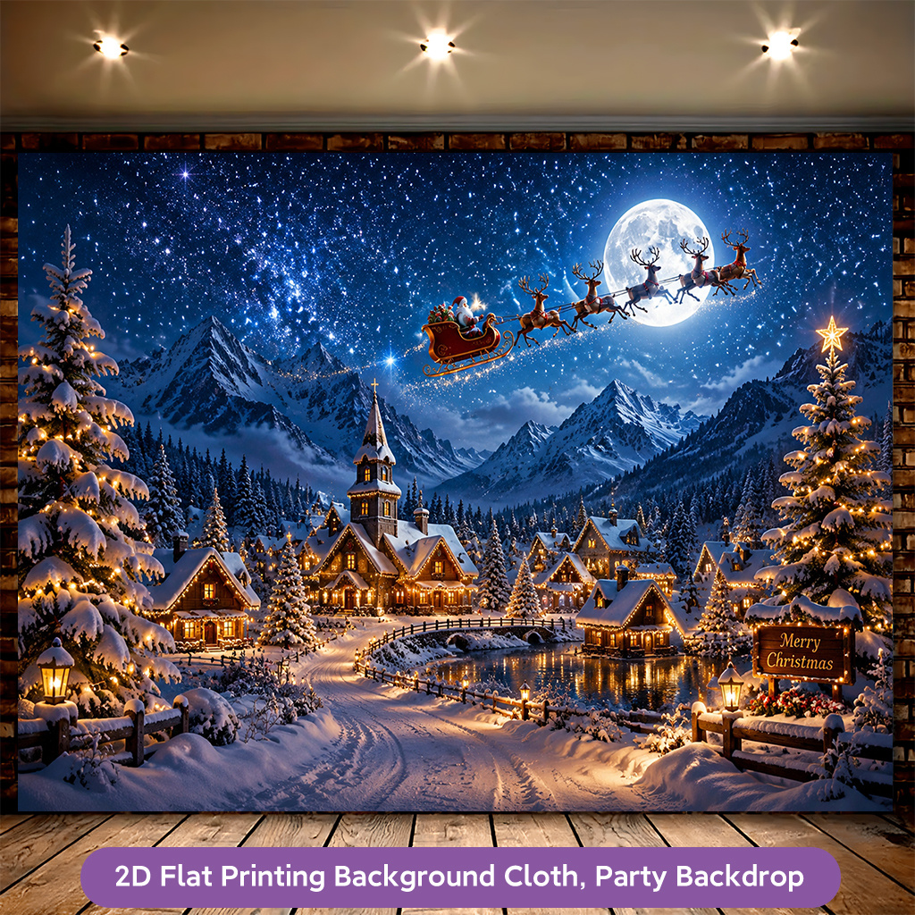 2D Flat Snowy Village on Christmas Photography Backdrop